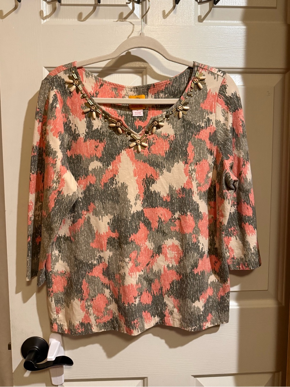 Ruby Rd. Coral & Olive Beaded-Neck Long Sleeve Tee
